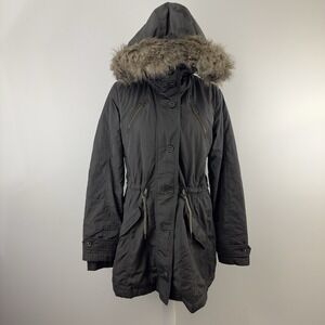 Athleta Women's Parka Coat Gray Faux Fur Hood Size M Full Zip Button Warm